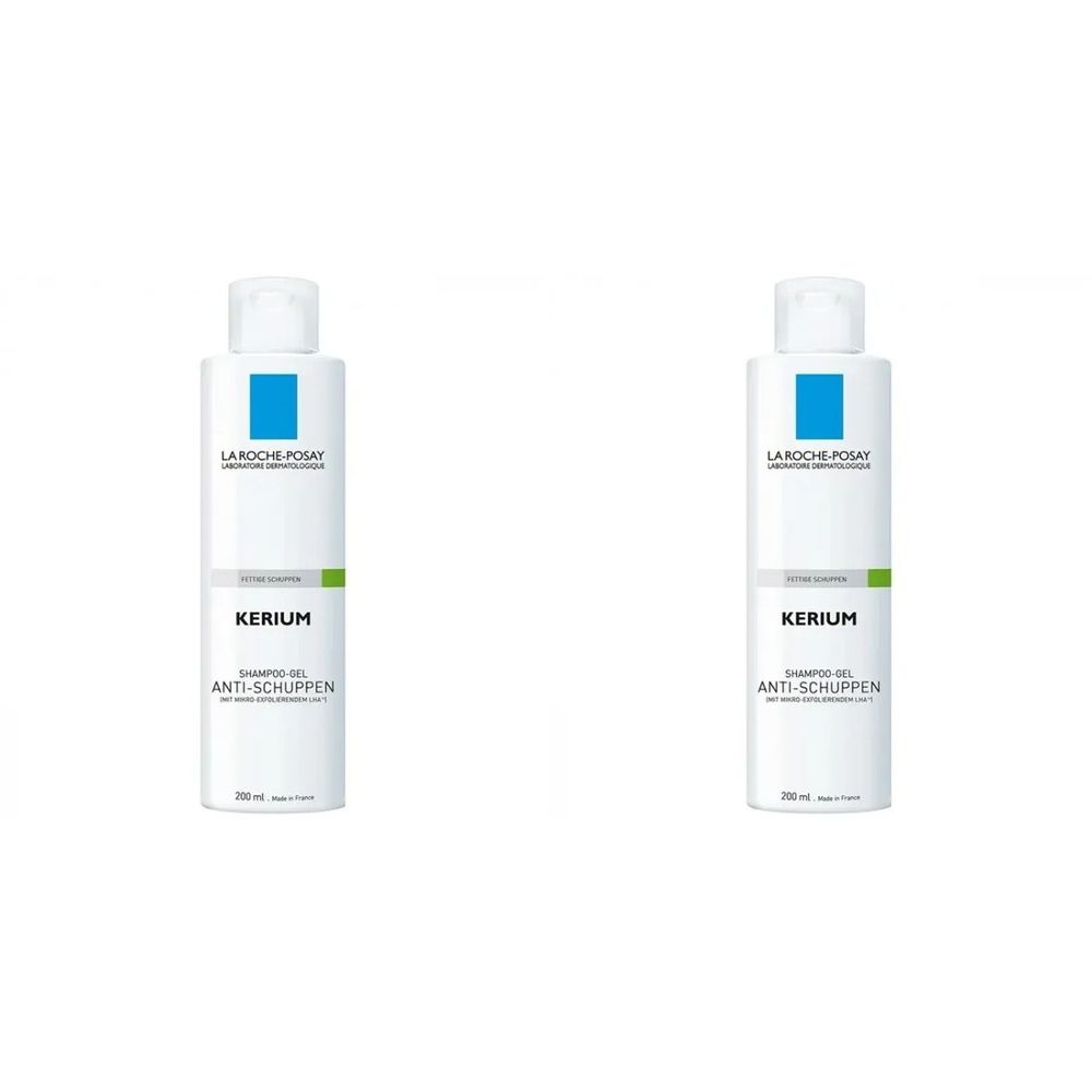 Zwei weiße Flaschen mit blauem Logo und Schriftzug. Aufschrift: Kerium Anti-Schuppen Shampoo-Gel.