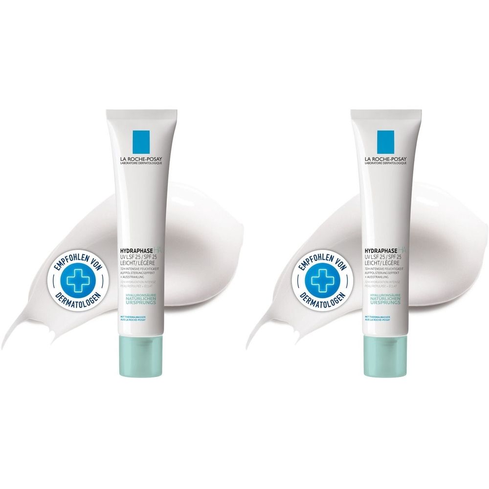 Zwei Tuben La Roche-Posay Hydraphase HA UV Leicht. Weiße Tuben mit blauer Schrift und hellgrüner Kappe. Aufdruck: Empfohlen von Dermatologen.