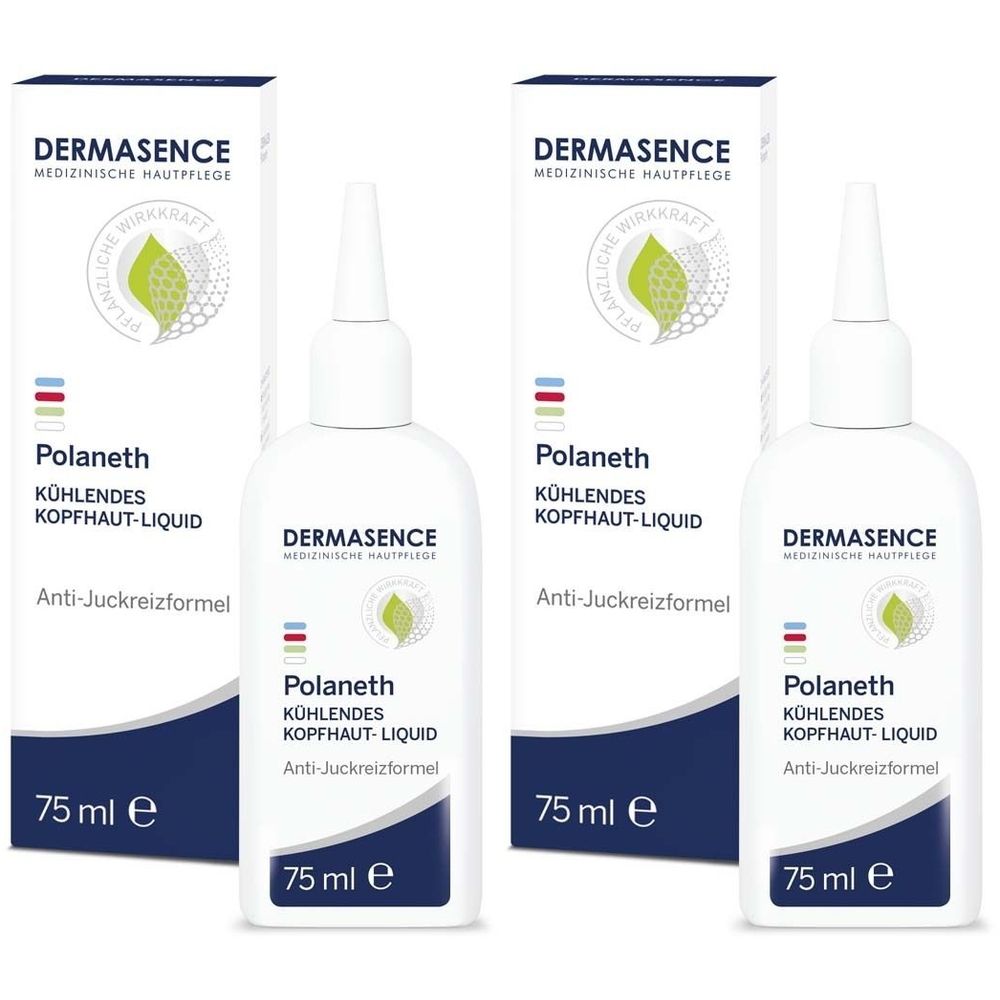 Drei Flaschen und zwei Kartons DERMASENCE Polaneth Liquid. Weiße Flaschen mit Dosierspitze, blaue Schrift. 75 ml.