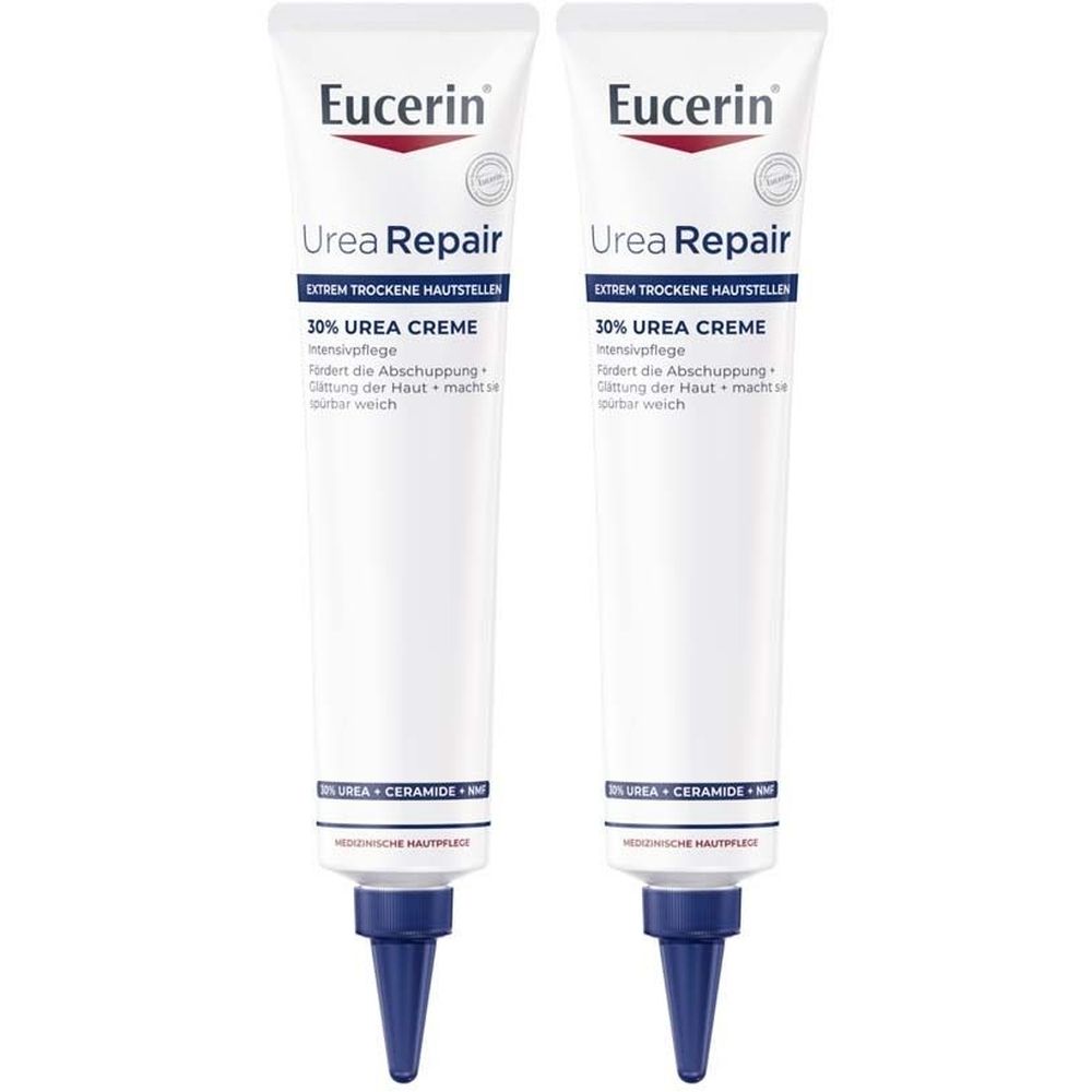 Zwei Tuben Eucerin Urea Repair Creme. Weiße Tuben mit blauen Deckeln. Text: 30% UREA CREME, für extrem trockene Hautstellen.