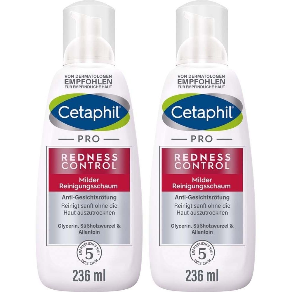 Zwei weiße Flaschen mit Cetaphil-Etikett. Aufschrift: Redness Control, Reinigungsschaum. 236 ml.
