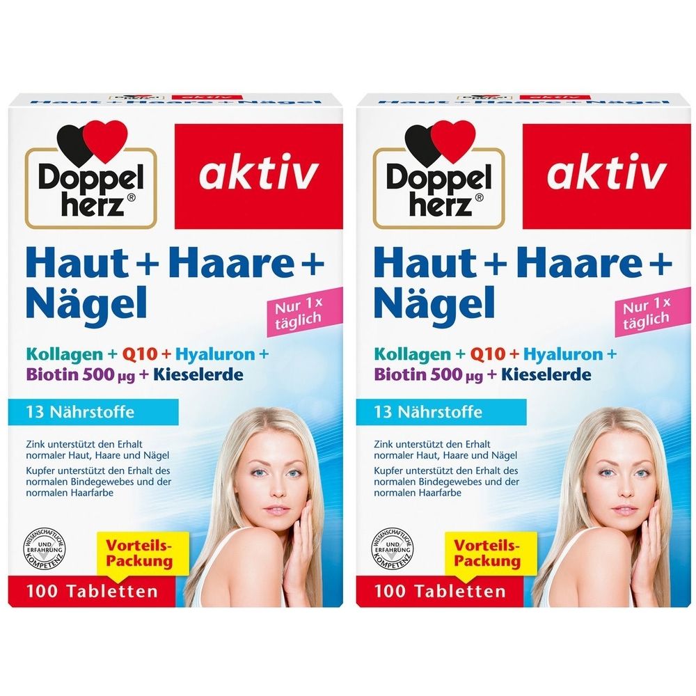 Zwei Packungen Doppelherz aktiv Haut + Haare + Nägel. Weiße Schachteln mit Produktnamen und Frauengesicht. Enthält 100 Tabletten.