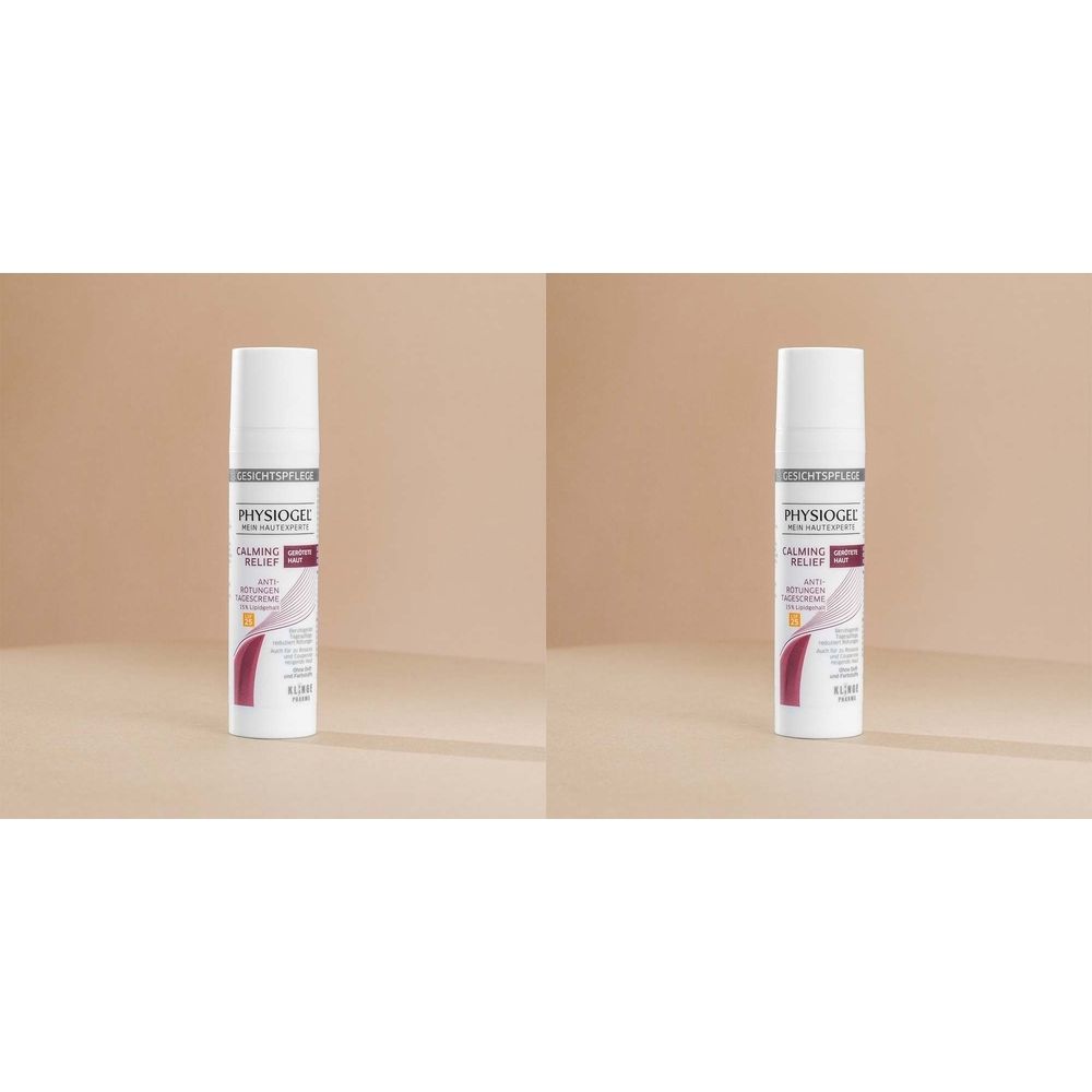 Zwei weiße Flaschen mit Produktetiketten. Aufschrift PHYSIOGEL Calming Relief. Rötungen reduzierend, beruhigend. LSF 25.