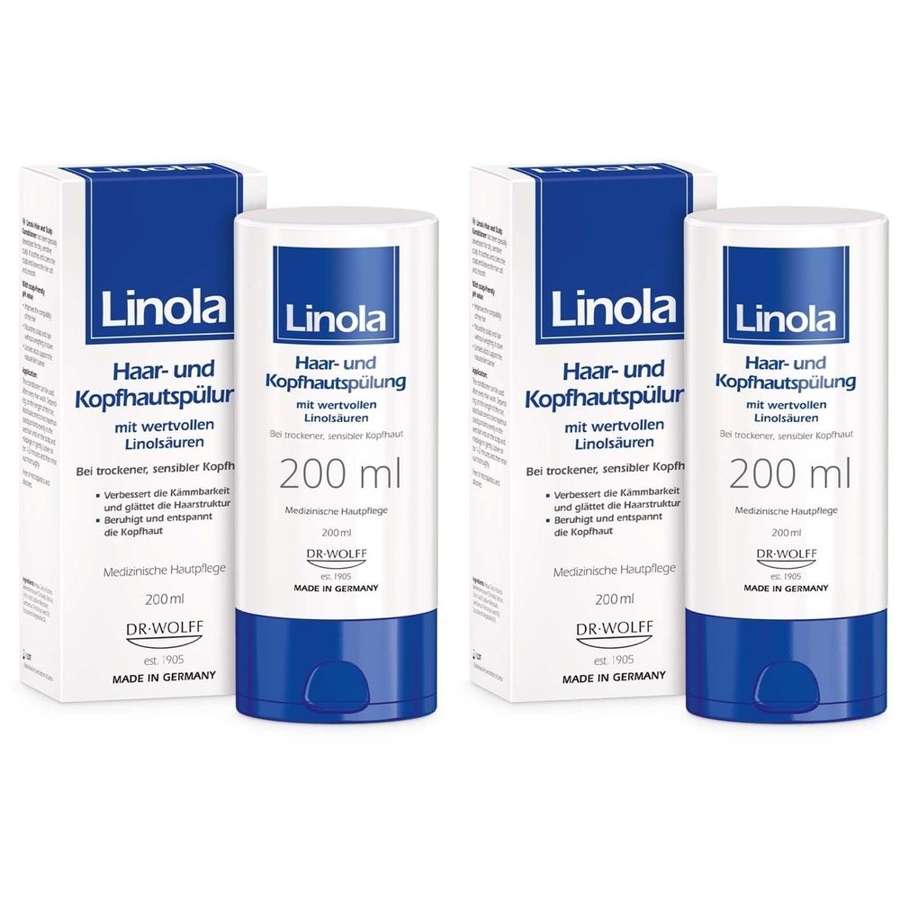 Zwei Flaschen und zwei Kartons. Aufschrift: Linola Haar- und Kopfhautspülung, 200 ml. Blaue und weiße Verpackung.