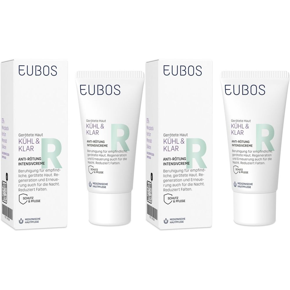 Drei Tuben und zwei Schachteln EUBOS KÜHL & KLAR ANTI-RÖTUNG Intensivcreme. Weiße Verpackung mit grüner Schrift und Logo.