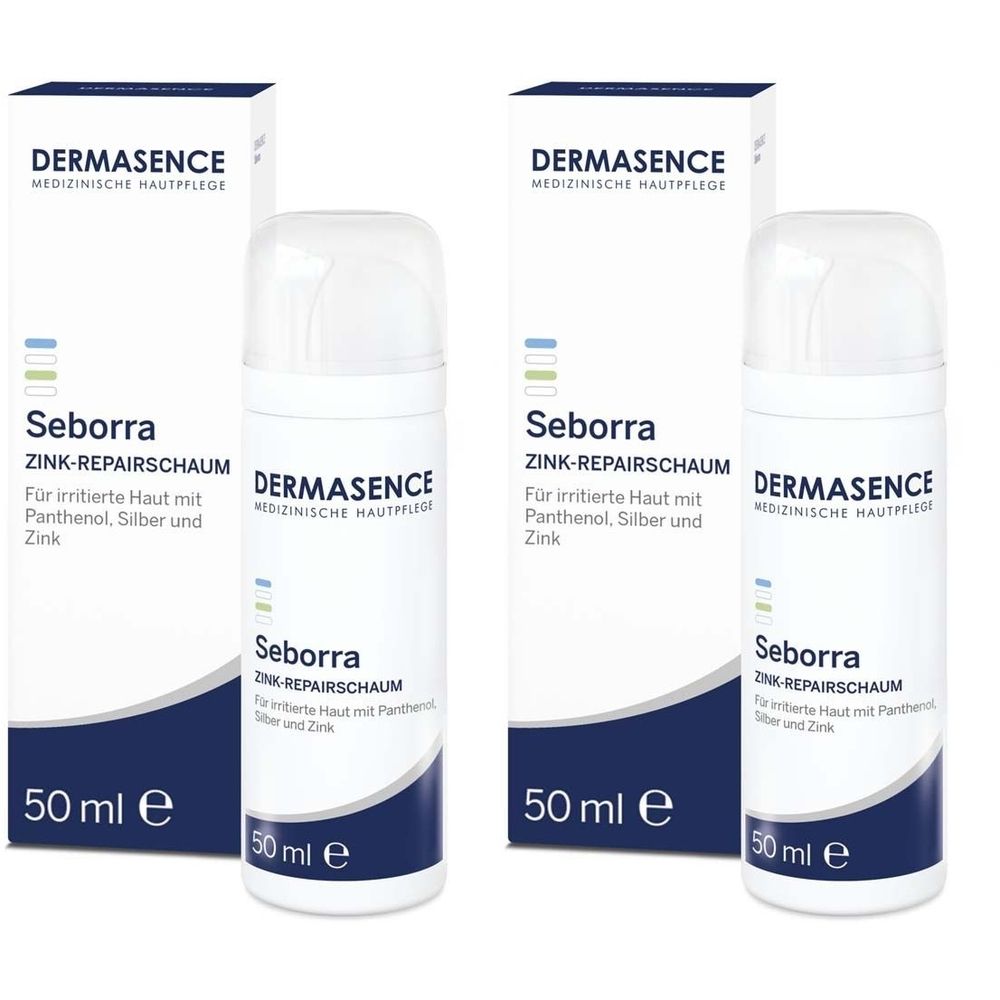 Zwei weiße Flaschen mit blauer und weißer Verpackung. Aufschrift: DERMASENCE, Seborra Zink-Repairschaum, 50 ml.