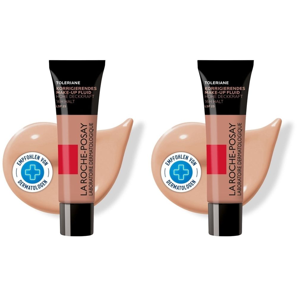 Zwei Tuben Make-up Fluid mit Aufdruck. Darunter zwei Farbkleckse. Aufdruck: La Roche-Posay, Toleriane, empfohlen von Dermatologen.