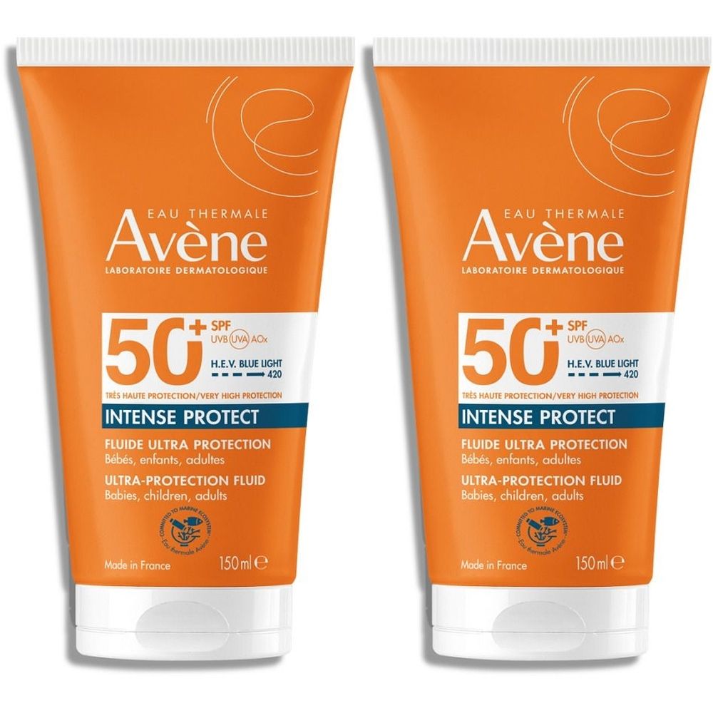 Zwei Tuben Avène Intense Protect SPF 50+ Sonnenschutz. Orangefarbene Tuben mit weißem Deckel. Text: 50+, Intense Protect, Ultra-Protection Fluid.