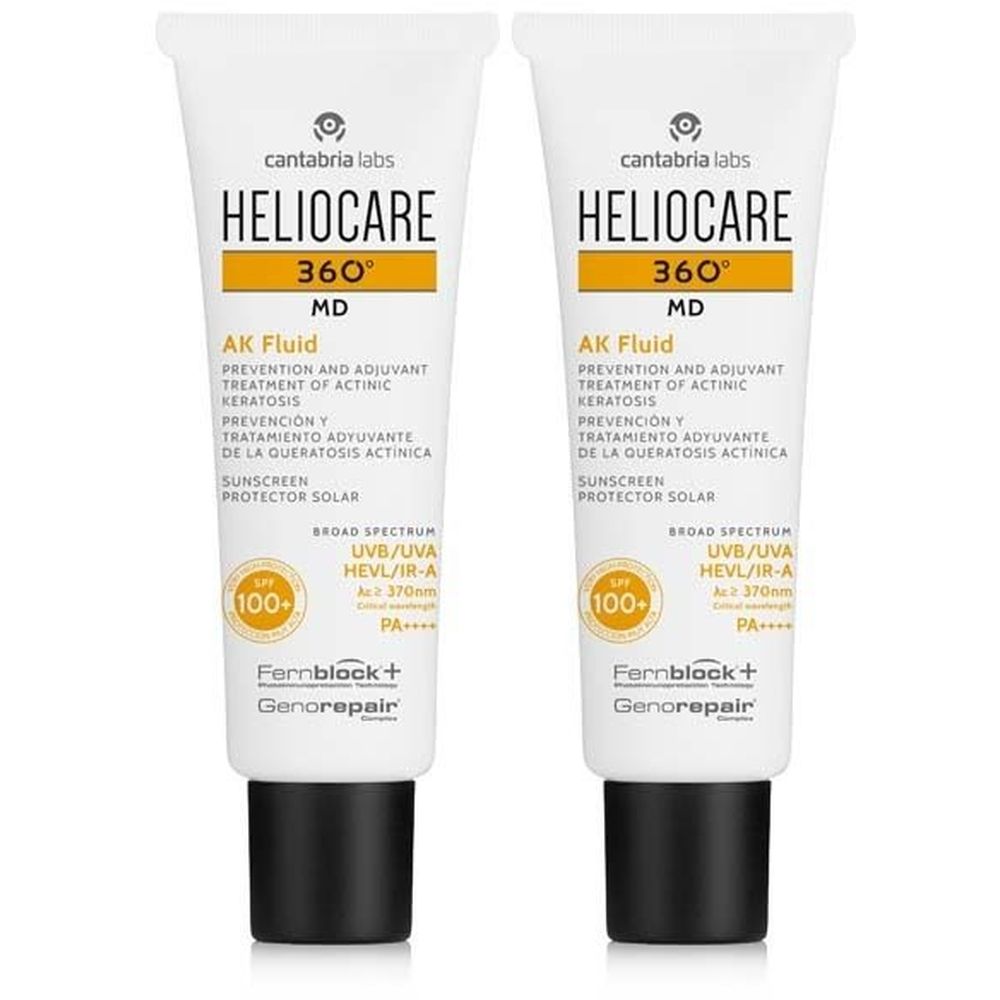 Zwei Tuben Heliocare 360° AK Fluid. Weiße Tuben mit schwarzem Verschluss. Text: Heliocare, AK Fluid, SPF 100+.