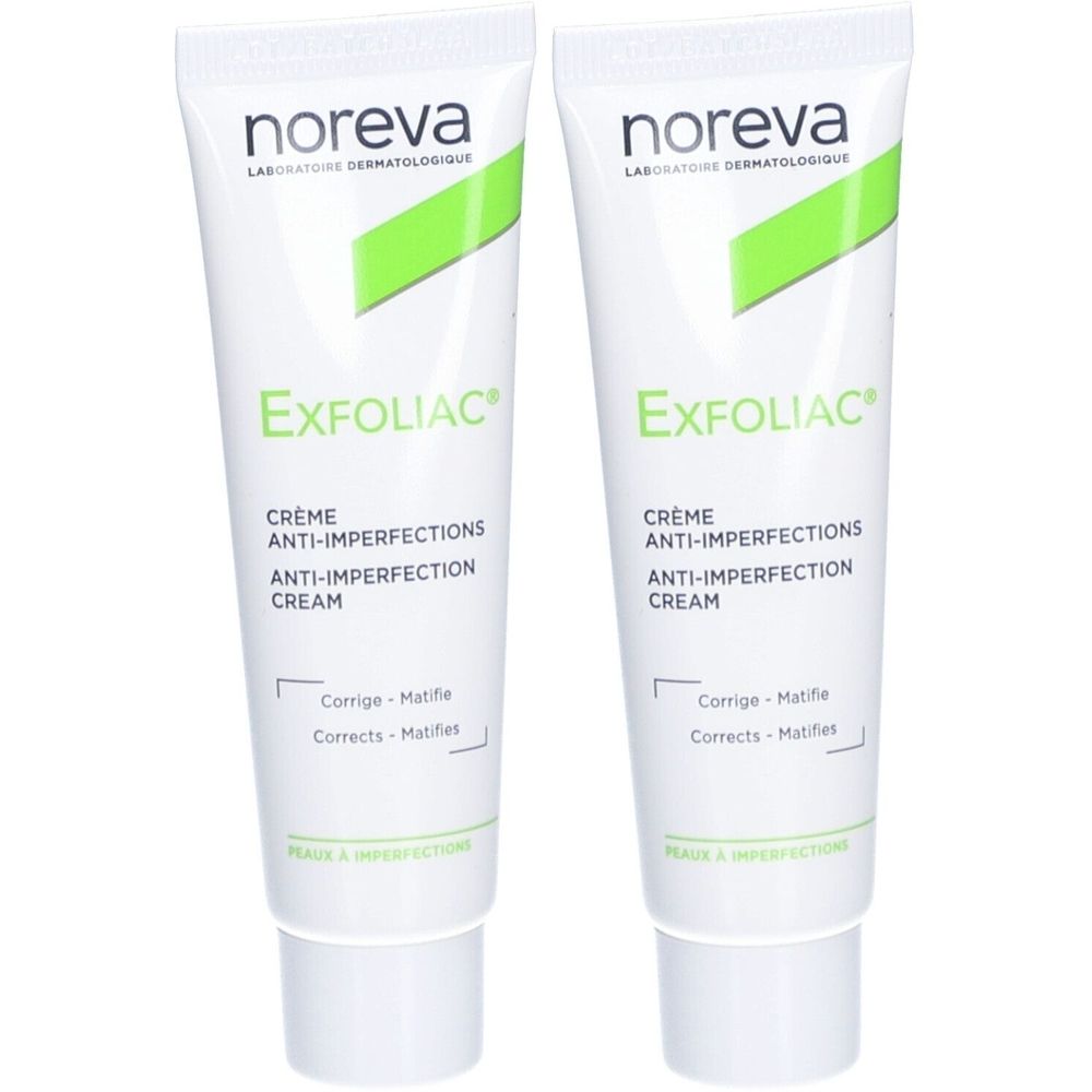 Zwei Tuben noreva Exfoliac® Creme. Weiße Tuben mit grünen Akzenten. Aufschrift: Exfoliac, Crème Anti-imperfections, Anti-imperfection Cream.