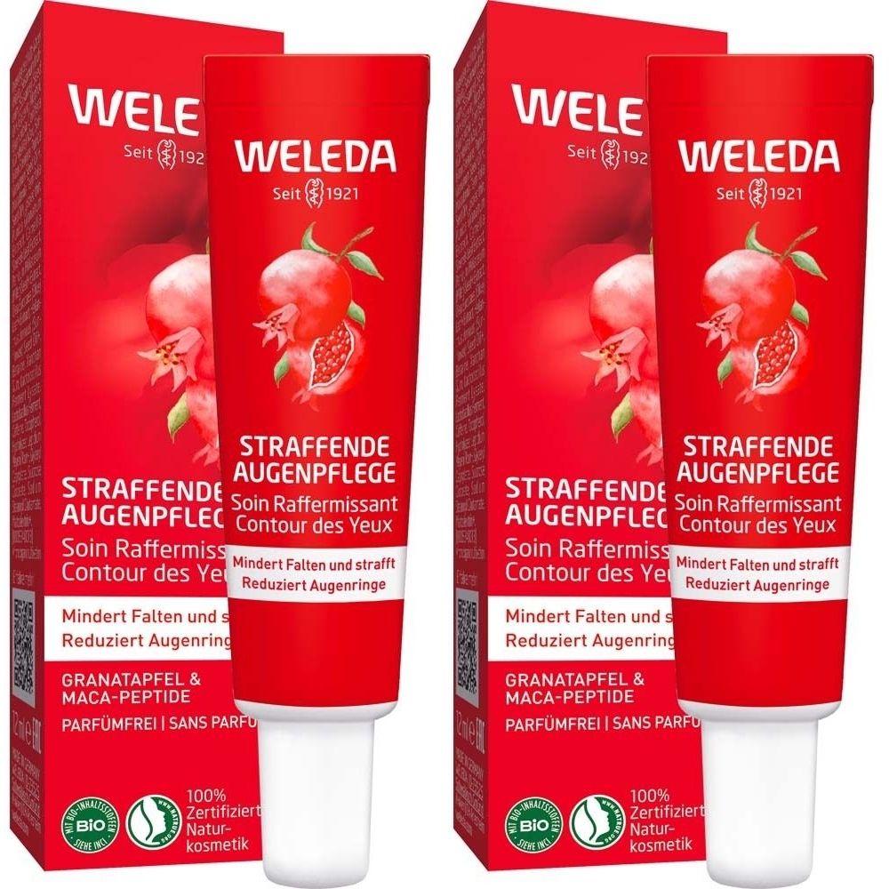 Zwei Tuben Augenpflege in roter Verpackung. Aufschrift: Weleda, Straffende Augenpflege, Granatapfel & Maca-Peptide. Bio-Siegel.