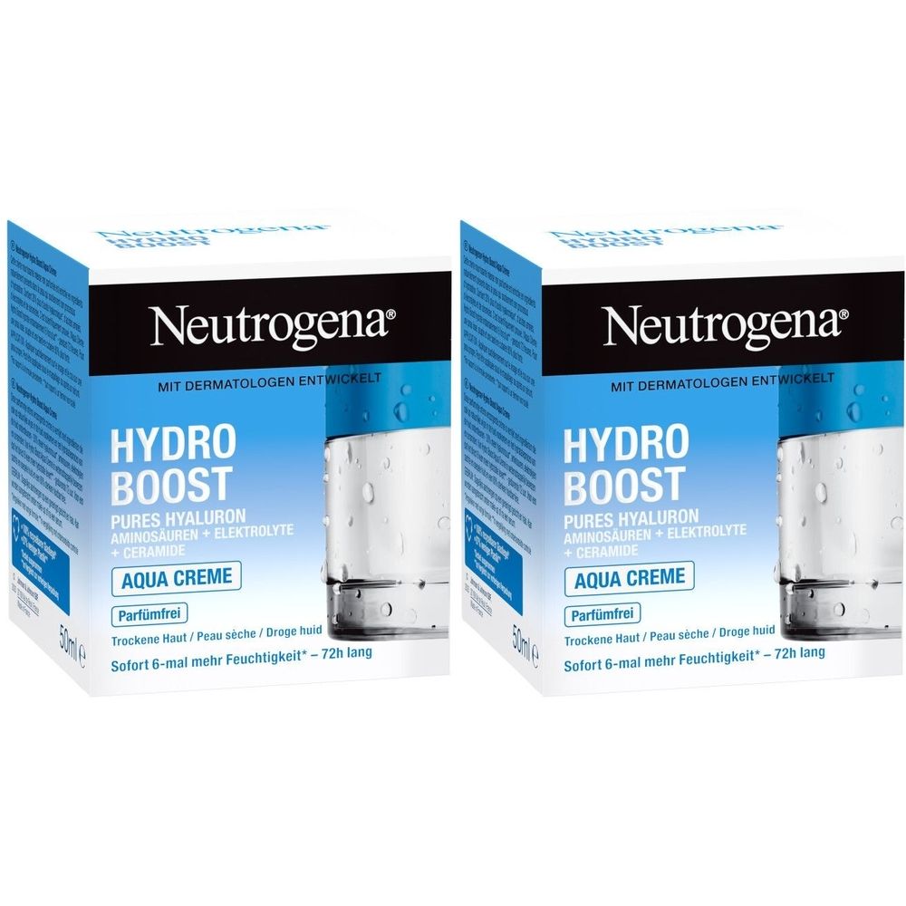 Zwei quadratische Kartons mit Neutrogena Hydro Boost Aqua Creme. Blaue und weiße Verpackung mit Produktnamen und Inhaltsstoffen.