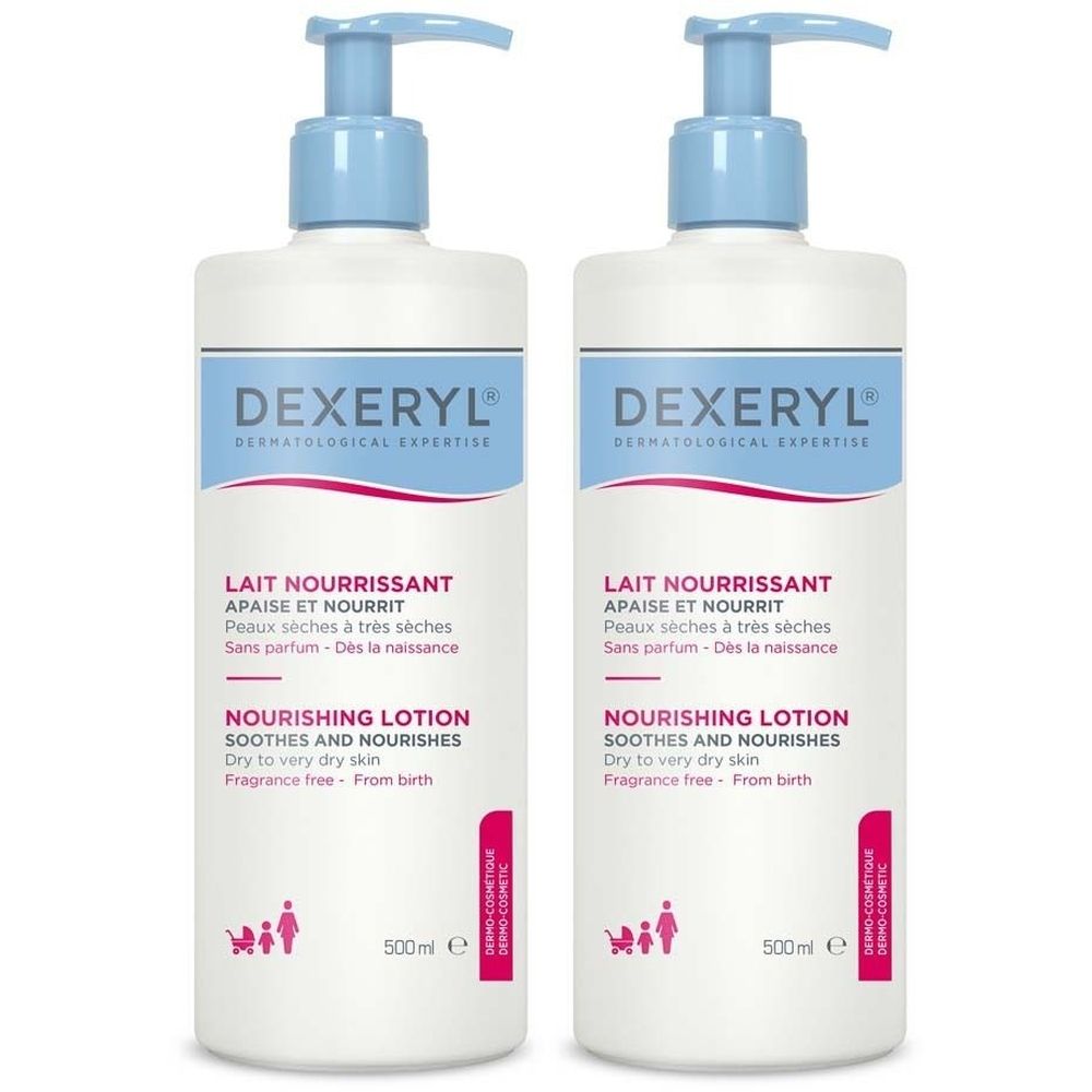 Zwei weiße Flaschen mit blauem Pumpkopf. Aufschrift: DEXERYL, Lait Nourrissant, Nourishing Lotion. 500ml.