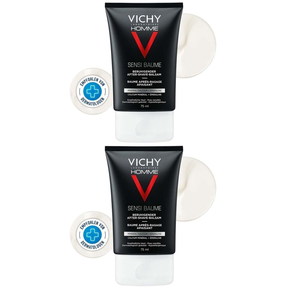 Zwei schwarze Tuben mit weißem Verschluss. Aufschrift: VICHY HOMME, SENSI BAUME. Daneben zwei runde, weiße Produkte und ein Logo.