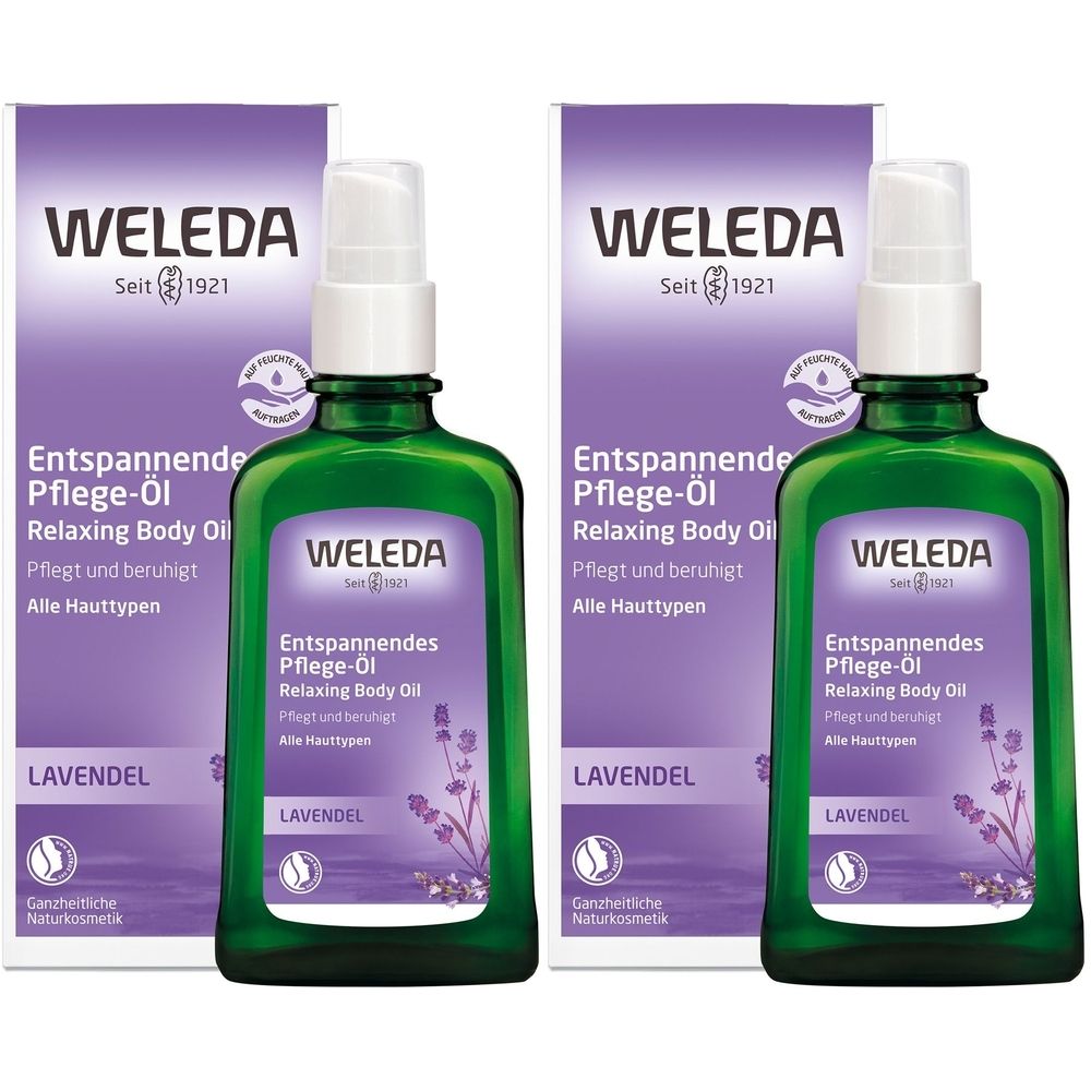 Zwei grüne Glasflaschen mit Sprühkopf und lila Verpackung. Aufschrift: Weleda, Entspannendes Pflege-Öl, Lavendel.