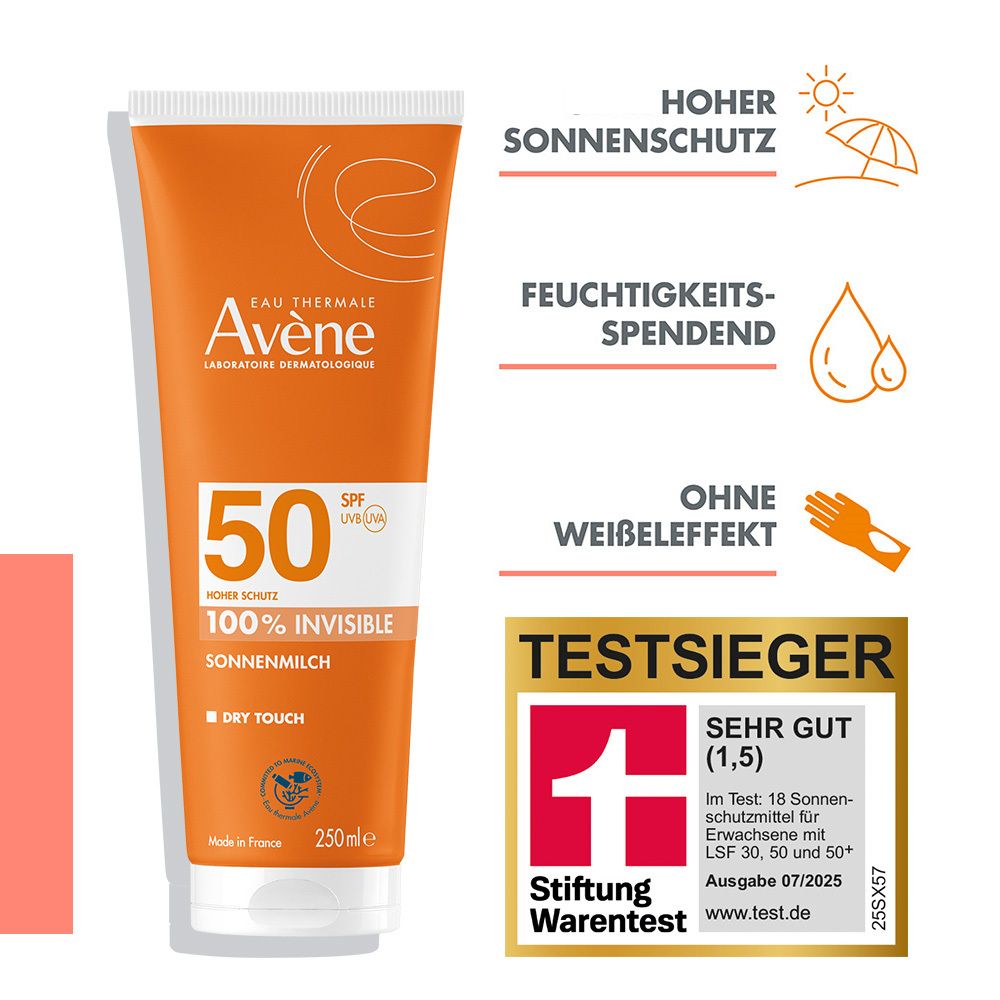 Avène Sonnenmilch LSF 50: Hoher Schutz, feuchtigkeitsspendend, ohne Weißeleffekt.