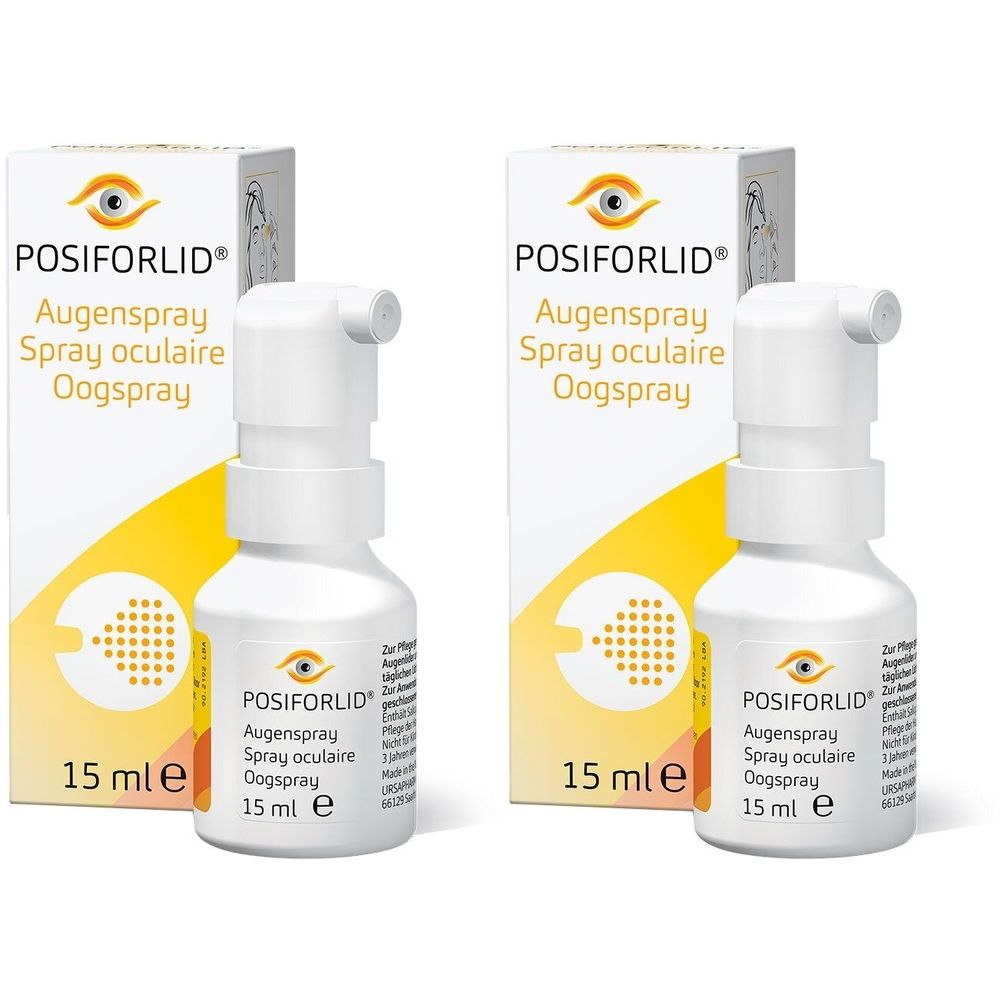 Zwei Flaschen POSIFORLID Augenspray mit Verpackung. Weiße Flaschen mit Sprühkopf, gelb-weiße Verpackung. Aufschrift: Augenspray.