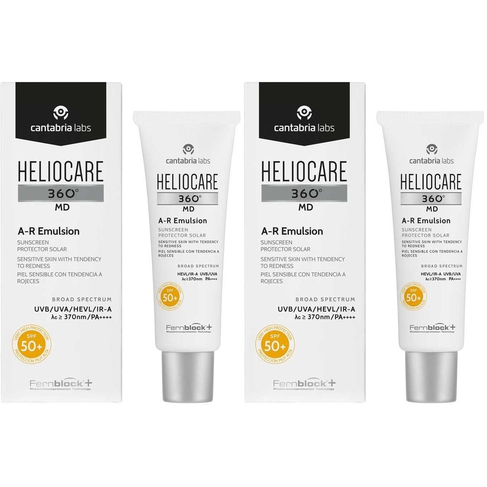 Mehrere Tuben und Verpackungen von HELIOCARE 360° A-R Emulsion SPF50+. Weiße Tuben mit silbernen Verschlüssen und Verpackungen mit Produktinformationen.