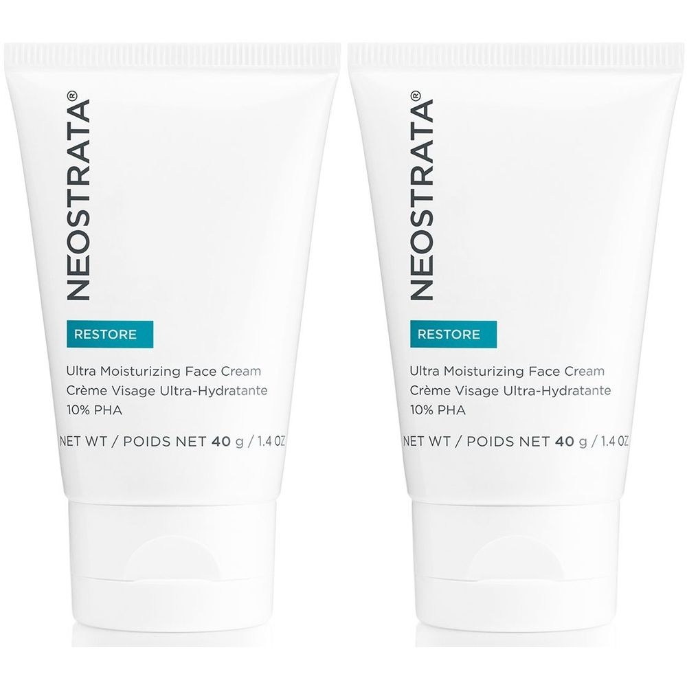 Zwei weiße Tuben mit blauer Schrift. Aufschrift: NEOSTRATA, RESTORE, Ultra Moisturizing Face Cream, 10% PHA. Nettogewicht 40 g.