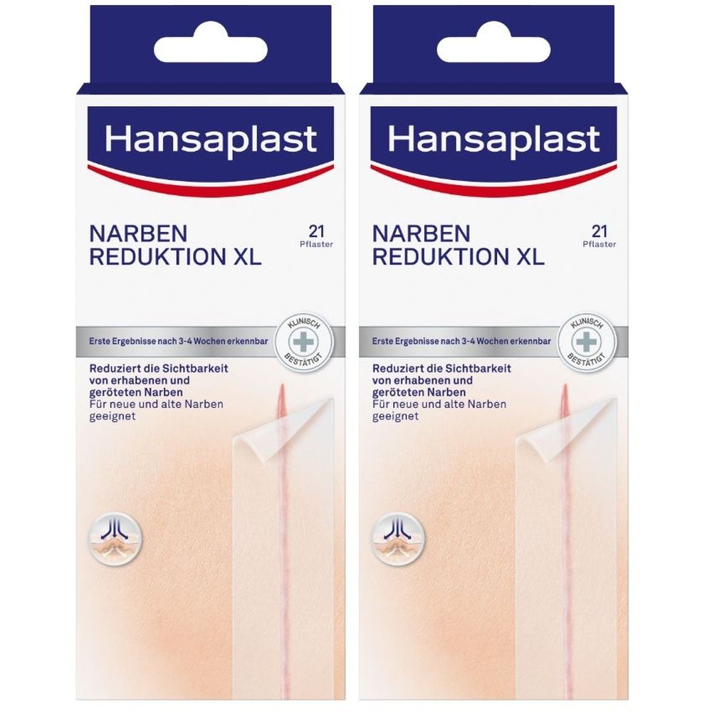 Zwei Packungen Hansaplast Narben Reduktion XL Pflaster. Blaue Verpackung mit Produktnamen und 21 Pflastern. Klinisch bestätigt.