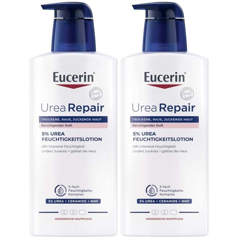 Zwei weiße Flaschen mit blauem Pumpkopf. Aufschrift: Eucerin Urea Repair, 5% Urea Feuchtigkeitslotion. Für trockene, raue, juckende Haut.