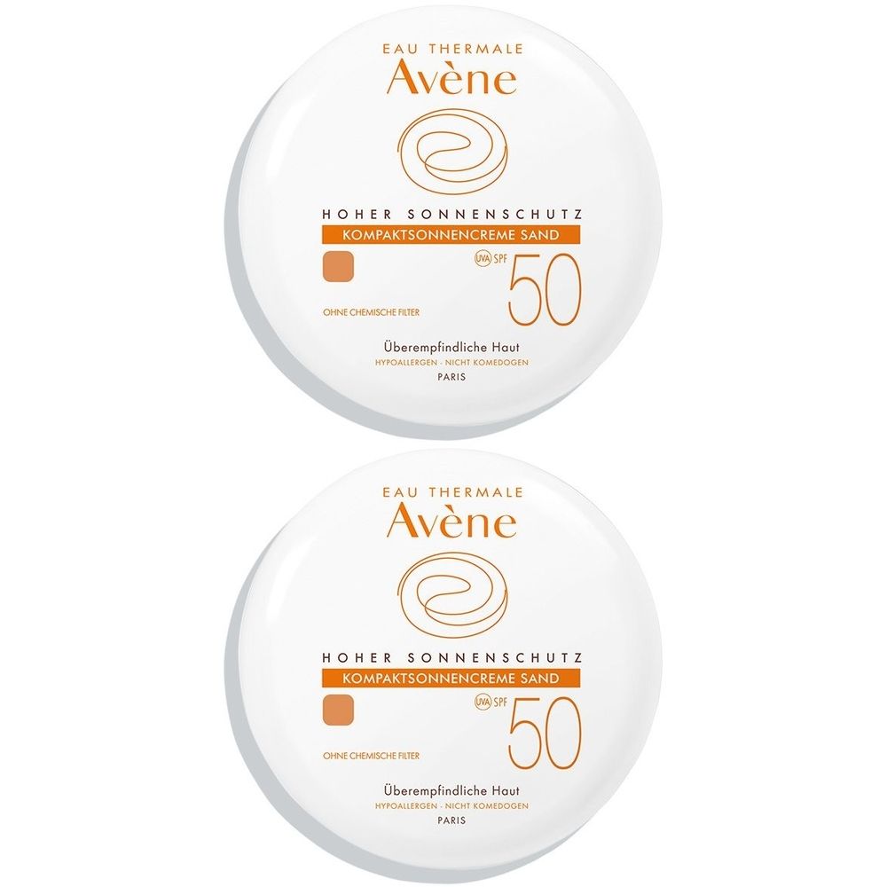 Zwei runde, weiße Kompakt-Sonnencremes mit orangefarbener Schrift. Aufschrift: Avène, LSF 50, Kompaktsonnencreme Sand.