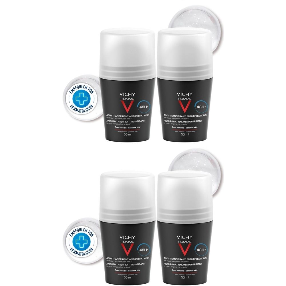 Vier Roll-On-Deodorants mit weißem Deckel und schwarzem Korpus. Aufschrift: VICHY HOMME, 48H. Mit Dermatologen empfohlen.