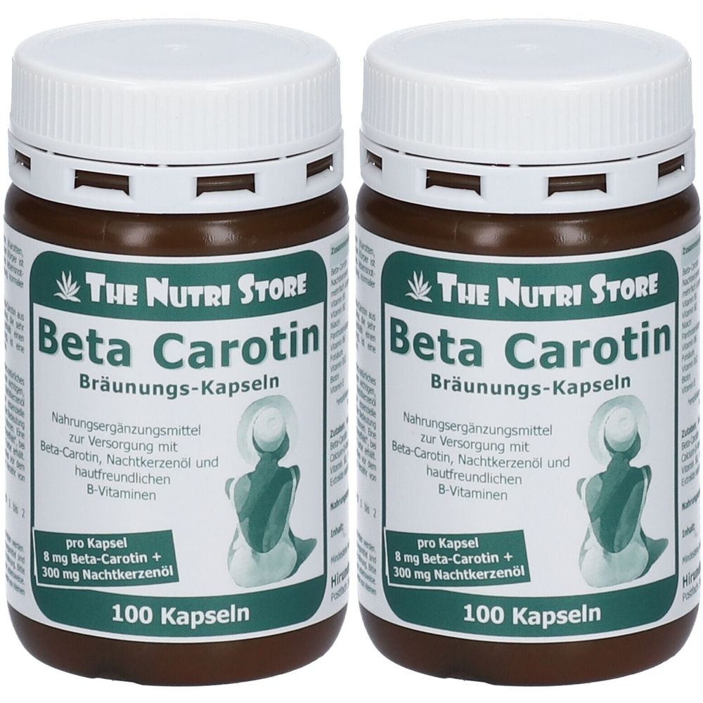 Zwei braune Flaschen mit weißen Deckeln. Aufschrift: Beta Carotin Bräunungs-Kapseln. Enthält 100 Kapseln. Marke: The Nutri Store.