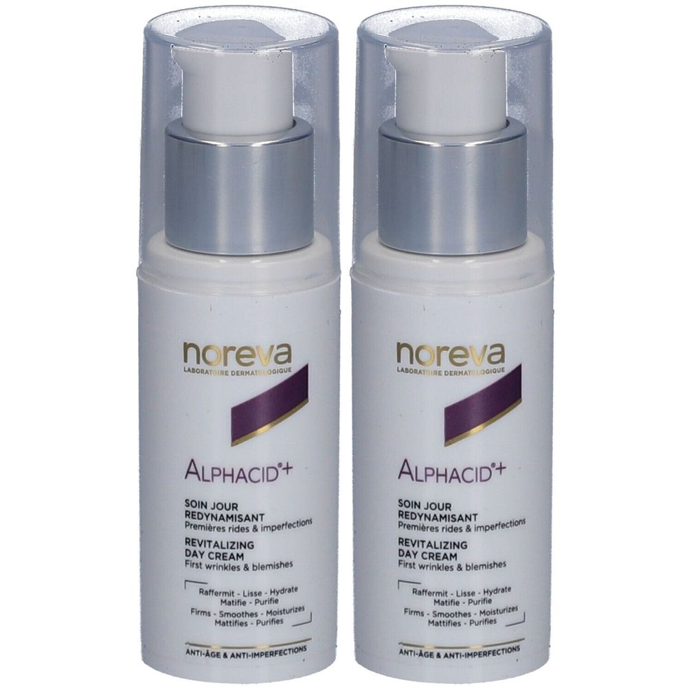 Zwei weiße Flaschen mit silbernen Pumpköpfen und durchsichtigen Kappen. Aufschrift: Noreva, Alphacid+, Tagescreme.