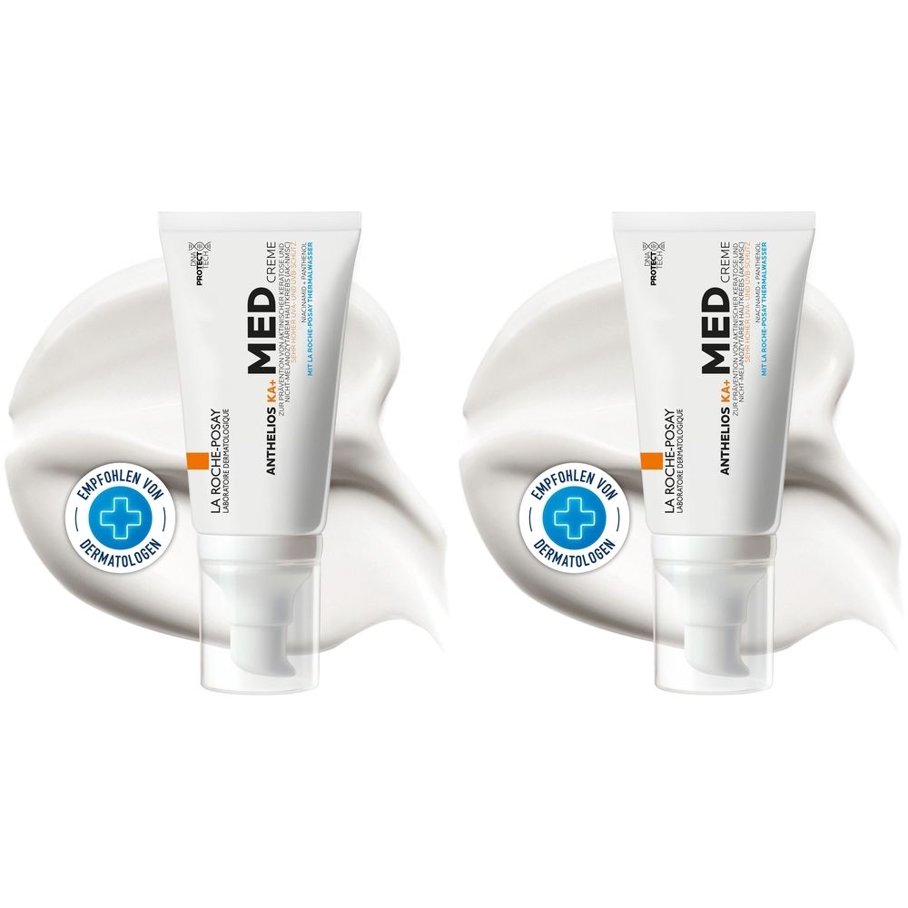 Zwei Tuben La Roche-Posay Anthelios KA+ MED Creme. Weiße Tuben mit blauer und orangefarbener Beschriftung. Empfohlen von Dermatologen.