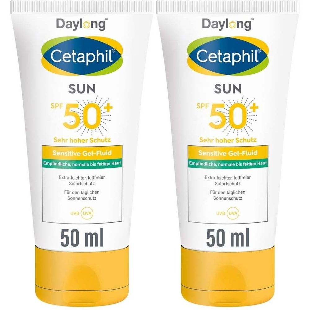 Zwei Tuben CETAPHIL SUN Sensitive Gel-Fluid SPF 50+. Weiße Tuben mit gelbem Verschluss. Aufschrift: Daylong, Cetaphil, SUN, SPF 50.
