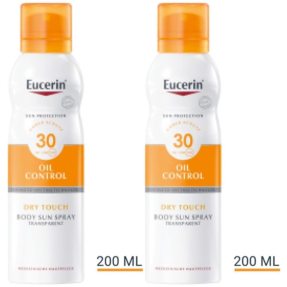 Zwei weiße Sprühflaschen mit orangefarbenen Deckeln. Aufschrift: Eucerin, 30, Oil Control, Dry Touch Body Sun Spray. 200 ml.