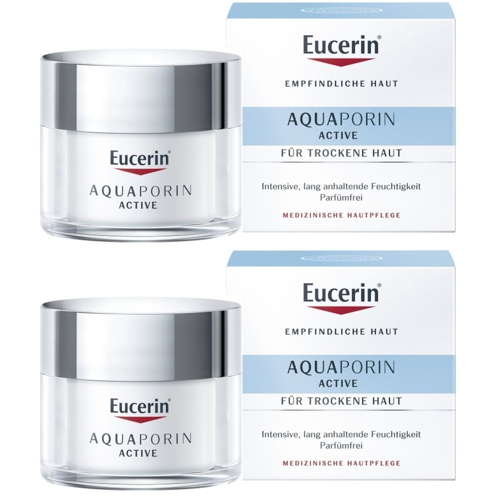 Zwei Cremetiegel mit silberfarbenem Deckel und weißem Behälter. Daneben zwei Schachteln mit Produktinformationen.