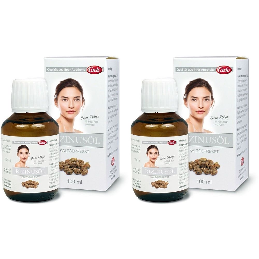 Zwei Flaschen und Verpackungen mit der Aufschrift "RIZINUSÖL". Auf den Verpackungen ist ein Frauenporträt abgebildet.