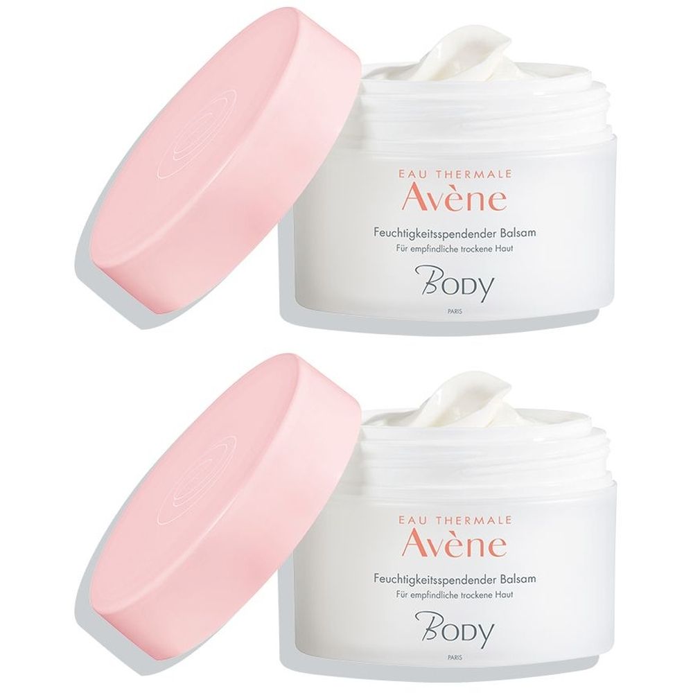 Zwei Tiegel Avène Body Feuchtigkeitsspendender Balsam. Weiße Tiegel mit rosa Deckel. Produktname und Marke sind sichtbar.