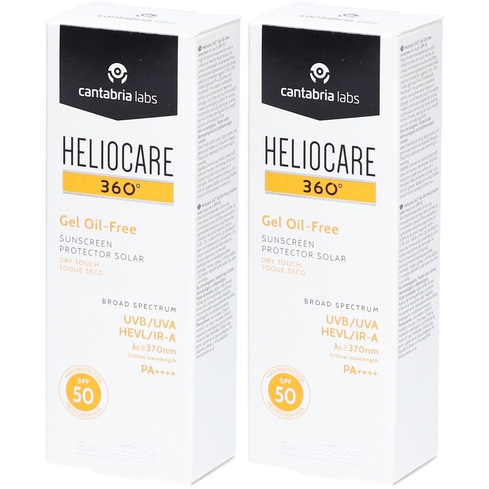 Zwei weiße Kartons mit Produktaufdruck. Aufschrift: Heliocare 360°, Gel Oil-Free, Sonnenschutzmittel, SPF 50. Marke: Cantabria Labs.
