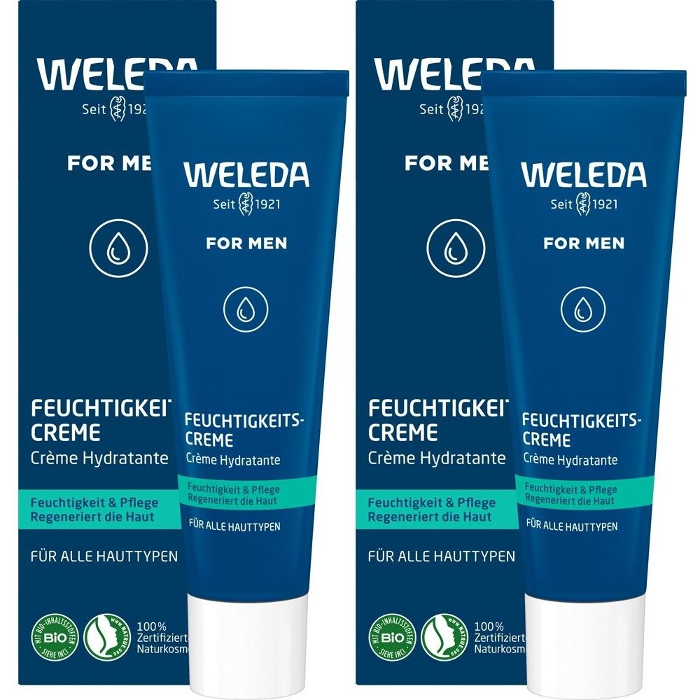 Zwei blaue Tuben und Schachteln. Aufschrift: WELEDA, FOR MEN, Feuchtigkeitscreme. Mit Bio-Siegel.