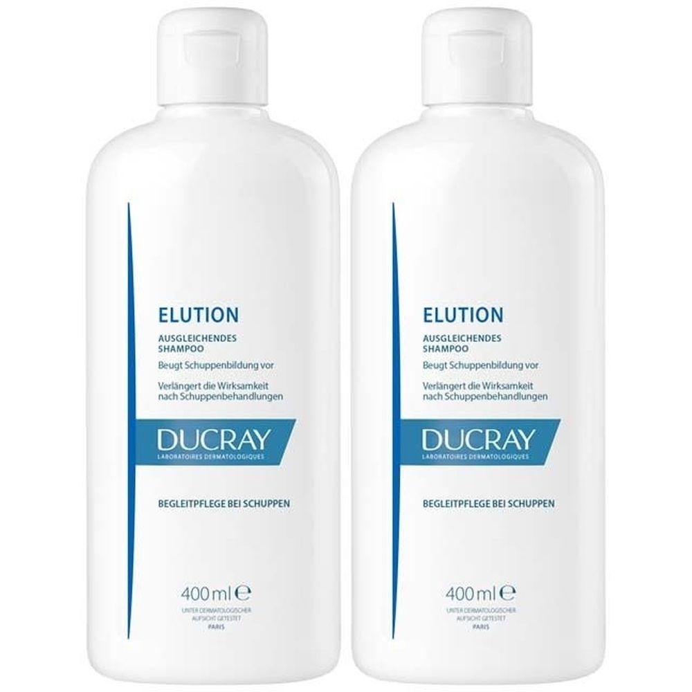 Zwei weiße Flaschen mit Klappverschluss. Aufschrift: ELUTION, DUCRAY. Begleitpflege bei Schuppen. 400 ml.
