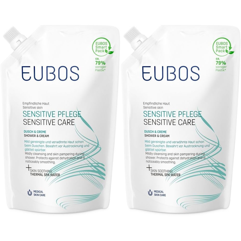 Zwei weiße Nachfüllbeutel mit blauem und türkisfarbenem Aufdruck. Aufschrift: EUBOS, Sensitive Pflege, Dusch & Creme.