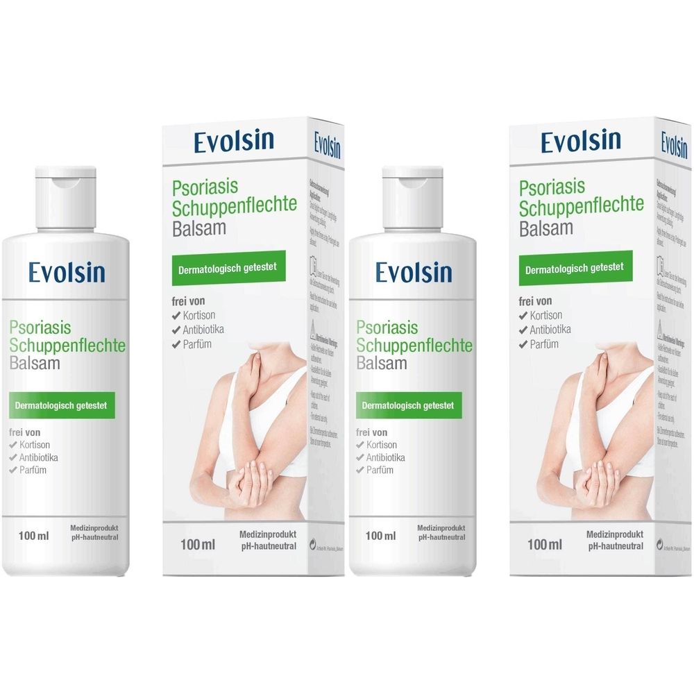 Drei weiße Flaschen und Verpackungen. Aufschrift: Evolsin Psoriasis Schuppenflechte Balsam. Dermatologisch getestet. Frei von Kortison, Antibiotika, Partim.