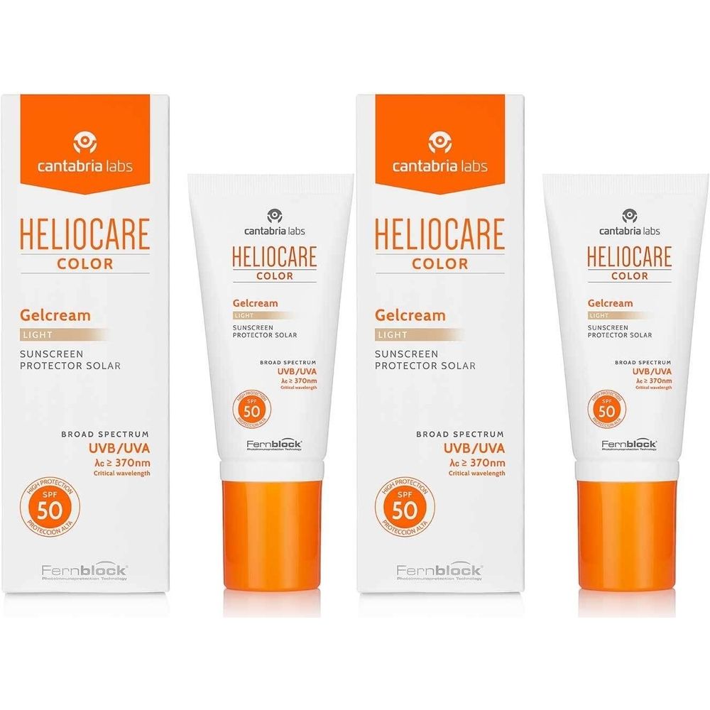 Sonnencreme-Tuben und Verpackungen. Produktname: HELIOCARE Color Gelcream light SPF 50. Weiße Tuben mit orangefarbenen Akzenten und Text.