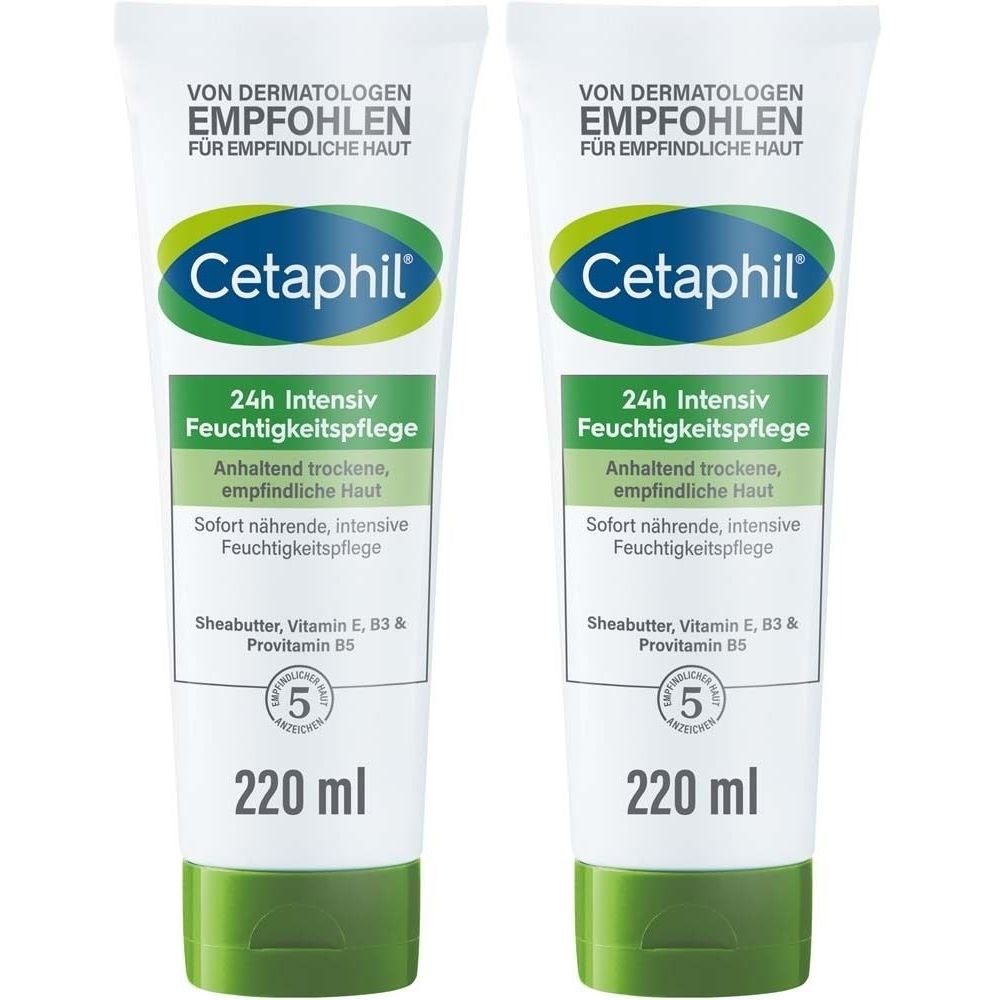 Zwei Tuben CETAPHIL 24h Intensiv Feuchtigkeitspflege. Weiße Tuben mit grünen und blauen Akzenten. Text: Von Dermatologen empfohlen.