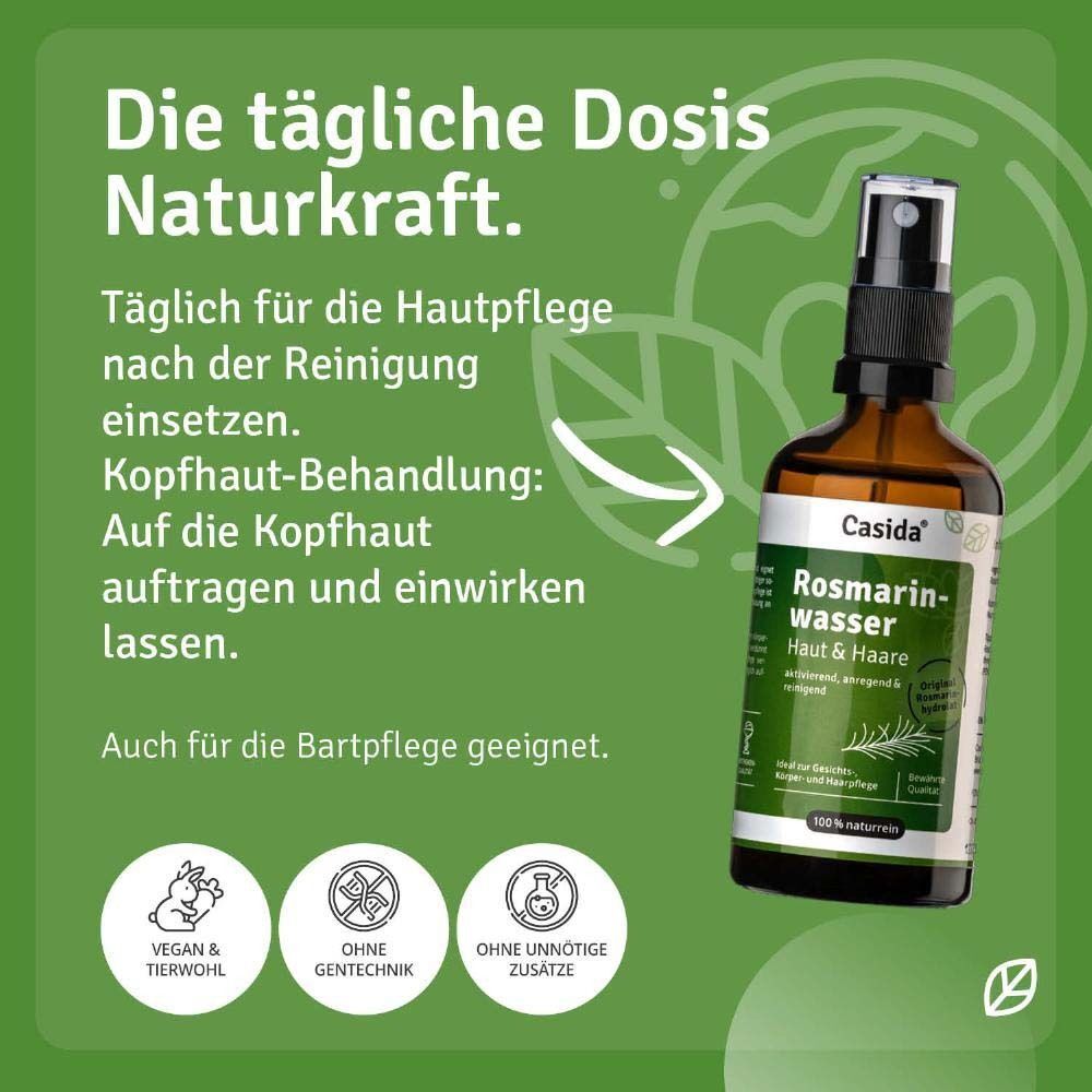 Casida Rosmarinwasser Flasche mit Sprühkopf auf grünem Hintergrund mit Text.