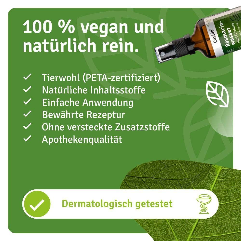 Casida Rosmarinwasser Flasche mit Siegeln für Vegan, Natur und dermatologische Tests.