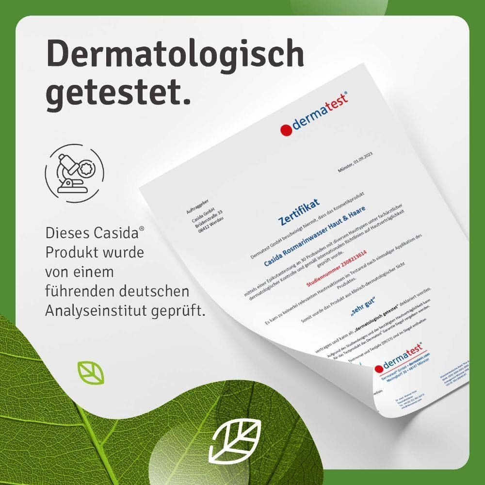 Zertifikat 'dermatest' für Casida Rosmarinwasser Haut & Haare, 'sehr gut' bewertet.
