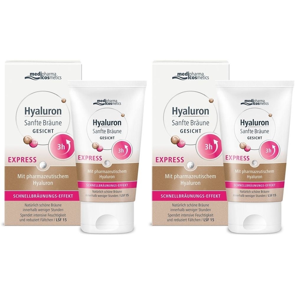 Zwei Tuben und zwei Kartons. Auf den Tuben und Kartons steht "Hyaluron Sanfte Bräune Gesicht". Aufdruck "EXPRESS" und "3h".