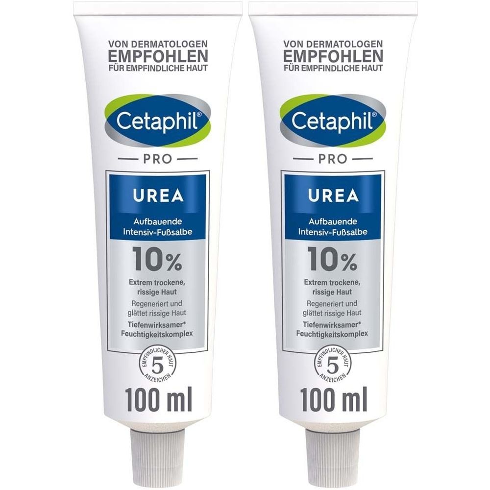 Zwei weiße Tuben mit blauer und grüner Beschriftung. Aufschrift: Cetaphil Pro Urea 10%. Von Dermatologen empfohlen.