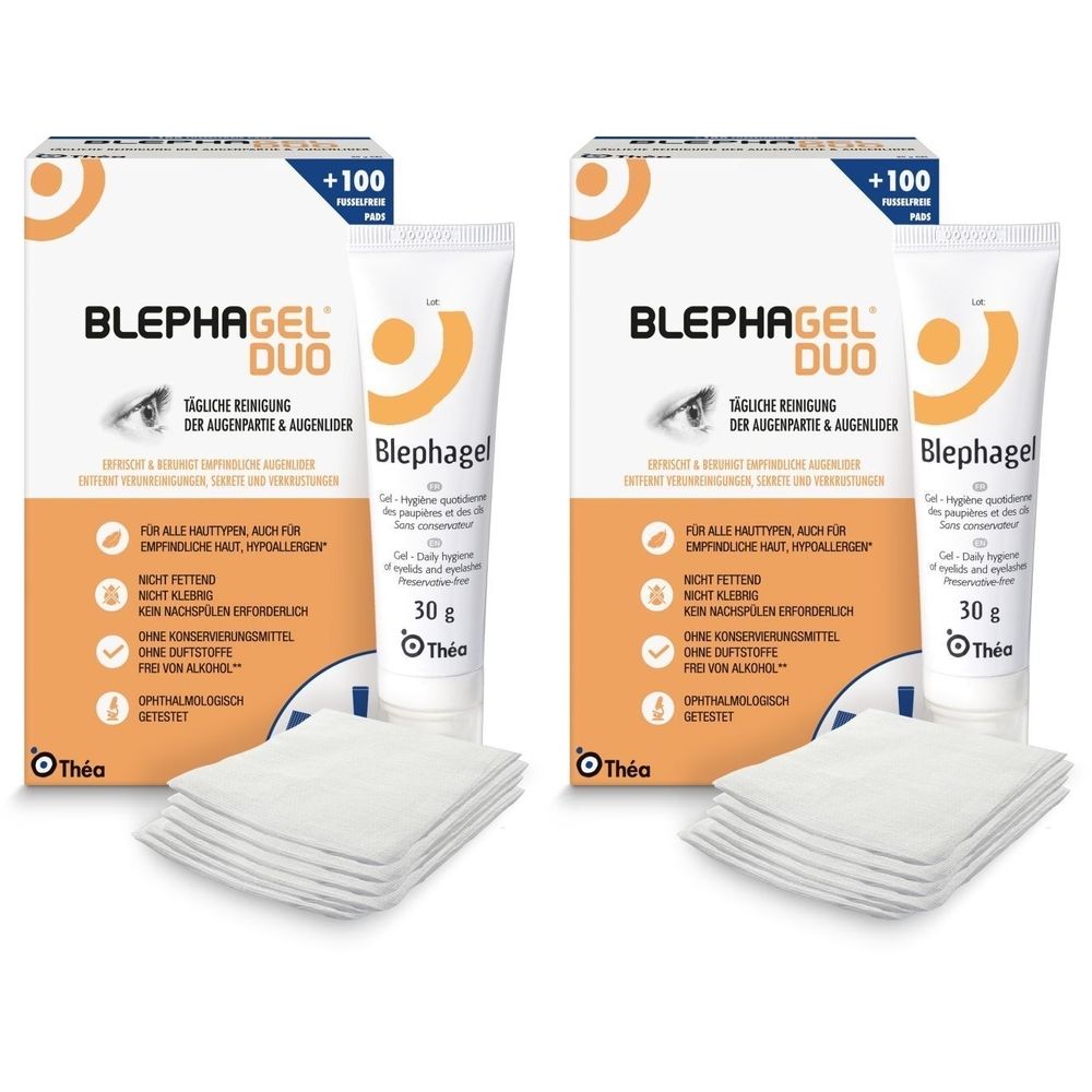 Zwei Packungen Blephagel Duo, Tuben und Tücher. Aufschrift: Tägliche Reinigung der Augenpartie & Augenlider. Marke: Théa.