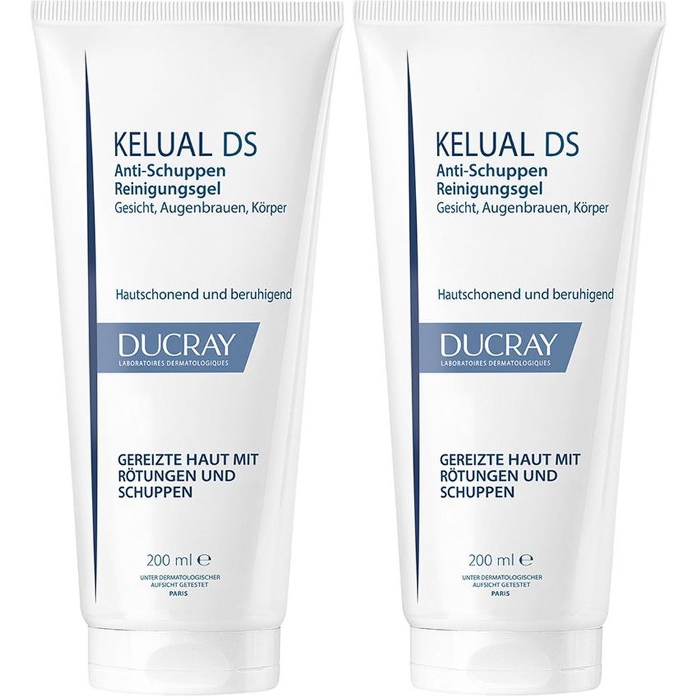 Zwei weiße Tuben mit blauer Schrift. Aufschrift: KELUAL DS Anti-Schuppen Reinigungsgel. Marke: DUCRAY.
