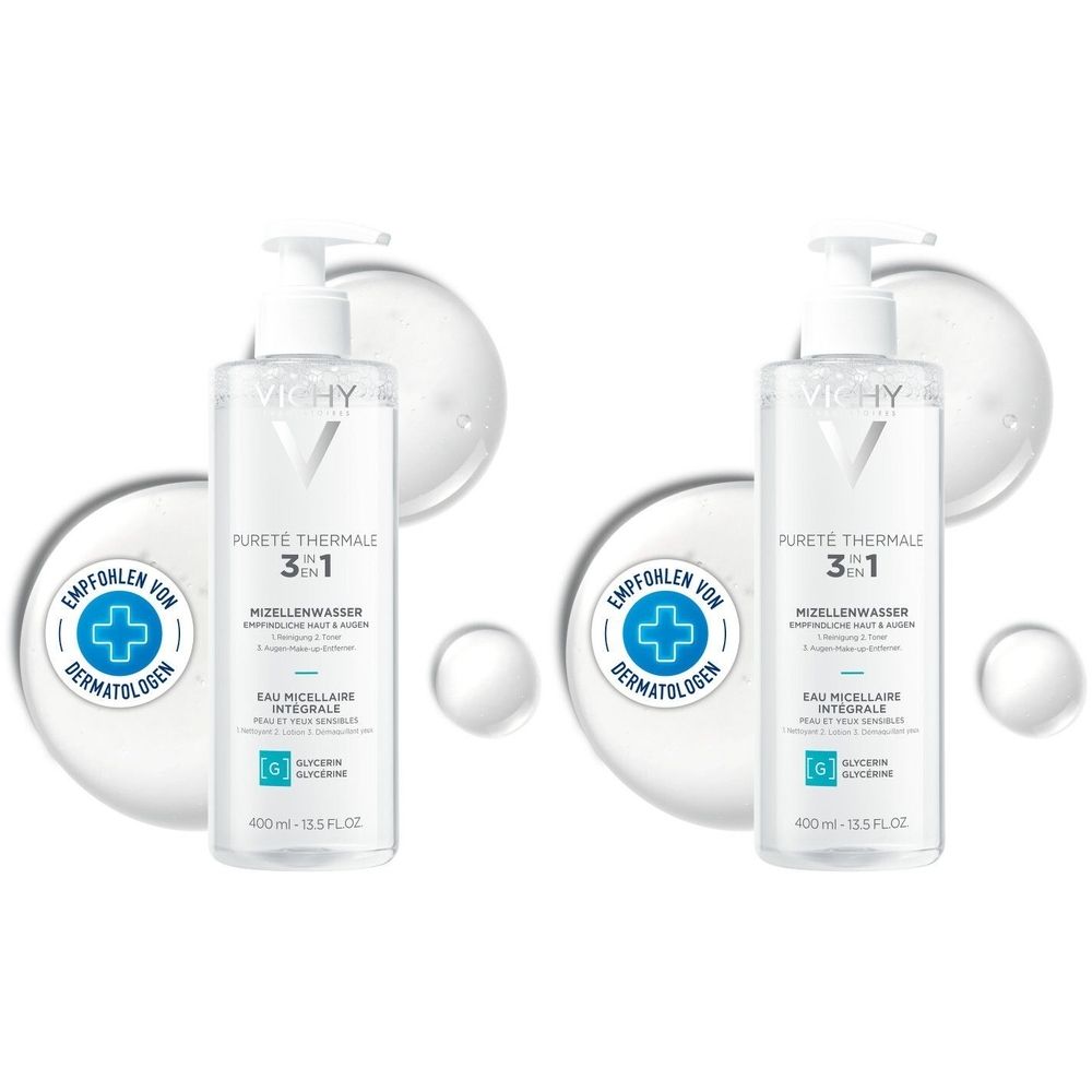 Zwei Flaschen mit weißem Pumpverschluss. Aufschrift: Vichy Pureté Thermale 3 in 1 Mizellenwasser. Empfohlen von Dermatologen.
